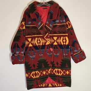 VTG Compagnie Internationale Express Coat Womens Red Multicolor Aztec Sherpa USA